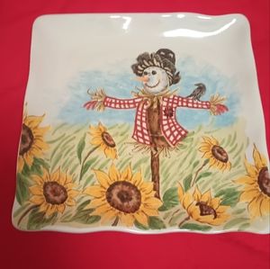 Vintage Maxcera square plate Salad Plate Scarecrow Sunflower Fall Thanksgiving